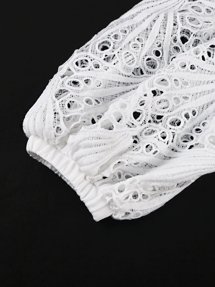 Elegant Lace Patchwork Dresses Plus Size Hollow Out Puff Sleeve High Waist Pleated Outfits White