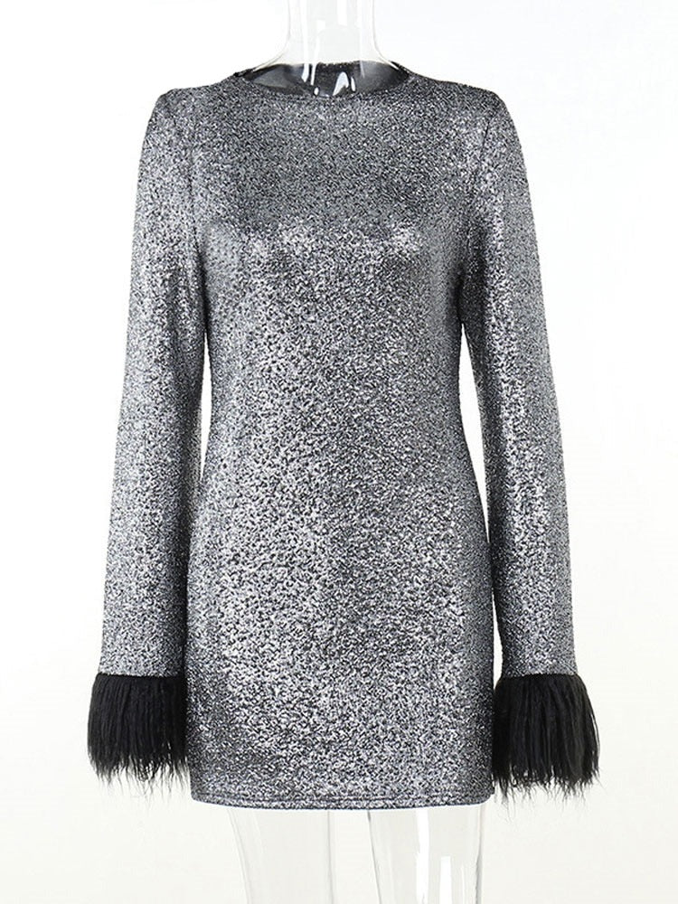 Autumn Bling Glitter Dress Sequins Feather with Long Sleeve Bodycon