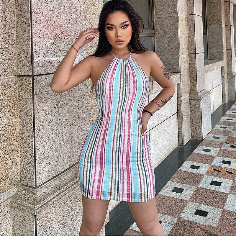 Women’s Fashion Sleeveless Stripe Printed Tie-up Backless Skinny Dress