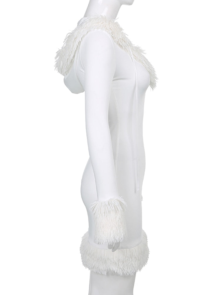 Furry White Bodycon Mini Dress with Long Sleeve and Hooded V Neck Skinny