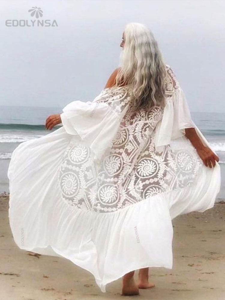 2022 New Bikini Cover-ups Sexy Belted Summer Dress White Lace Tunic Women Plus Size Beach Wear Swim Suit Cover Up Q1049