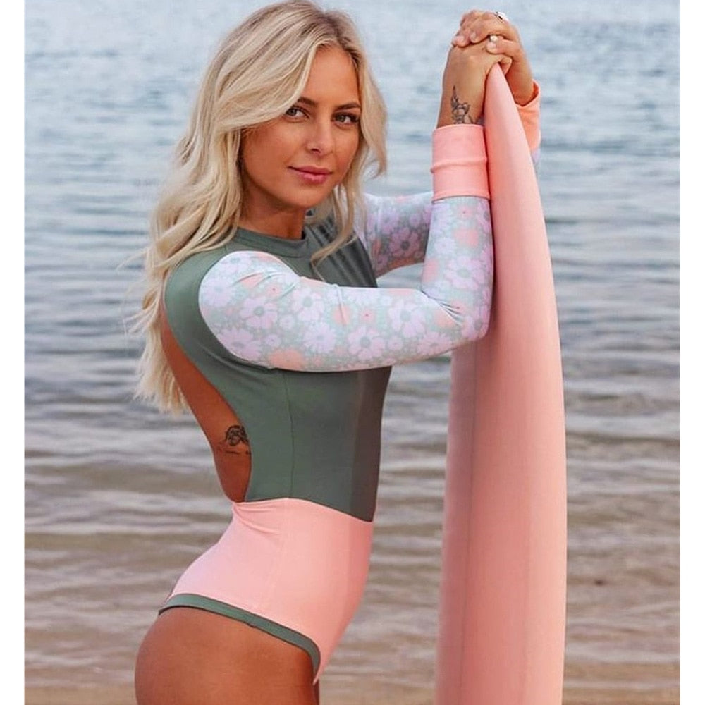 Long Sleeves Swimwear Women Surfing Swimsuit Striped Bathing Suits Zipper One-piece Swim Suits Sports Push Up Beach Wear