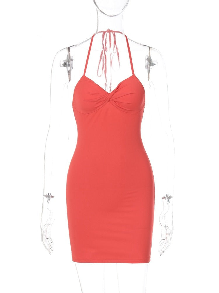 Vestido sexy sem mangas e sem costas franzido com cadarço halter bodycon