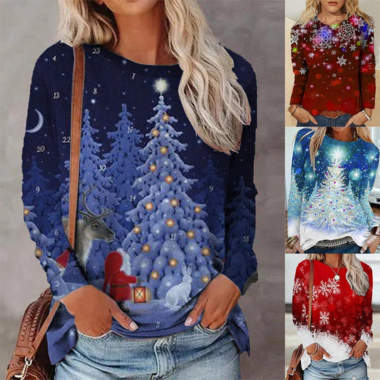 Autumn Winter Loose Casual Blouse with Round Neck and 3D Printing Christmas Long Sleeve T-shirt