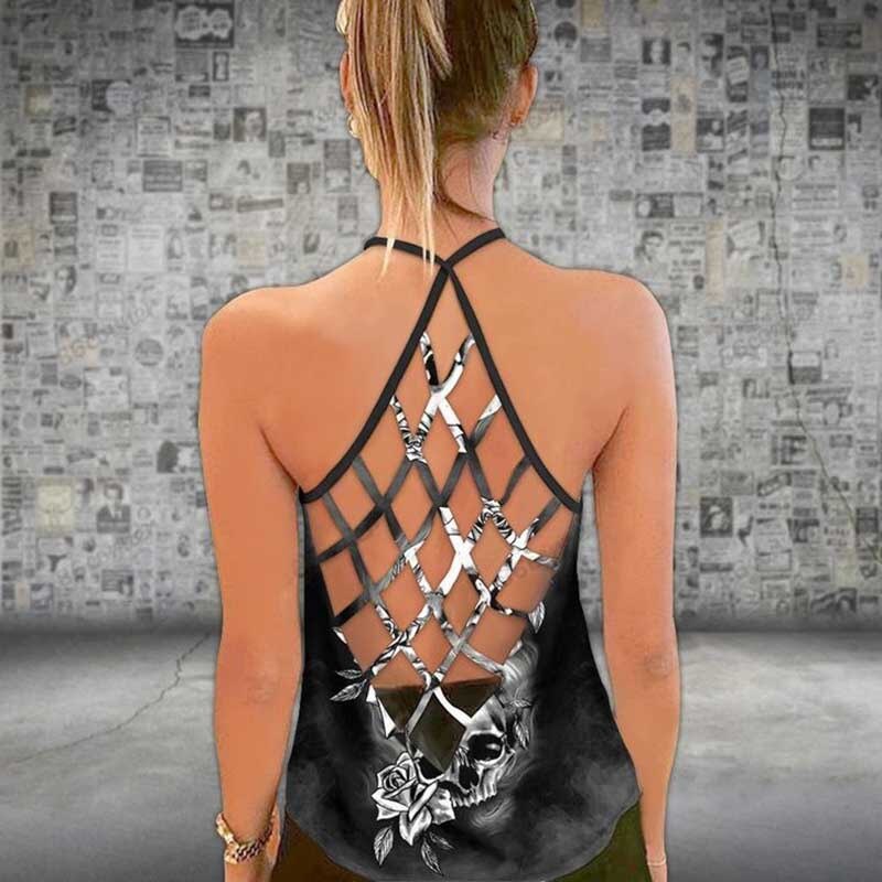 Women Fashion Skull Cloud Dark Gothic Criss-Cross Yoga Leggings + Combo Hollow Out Tank Top