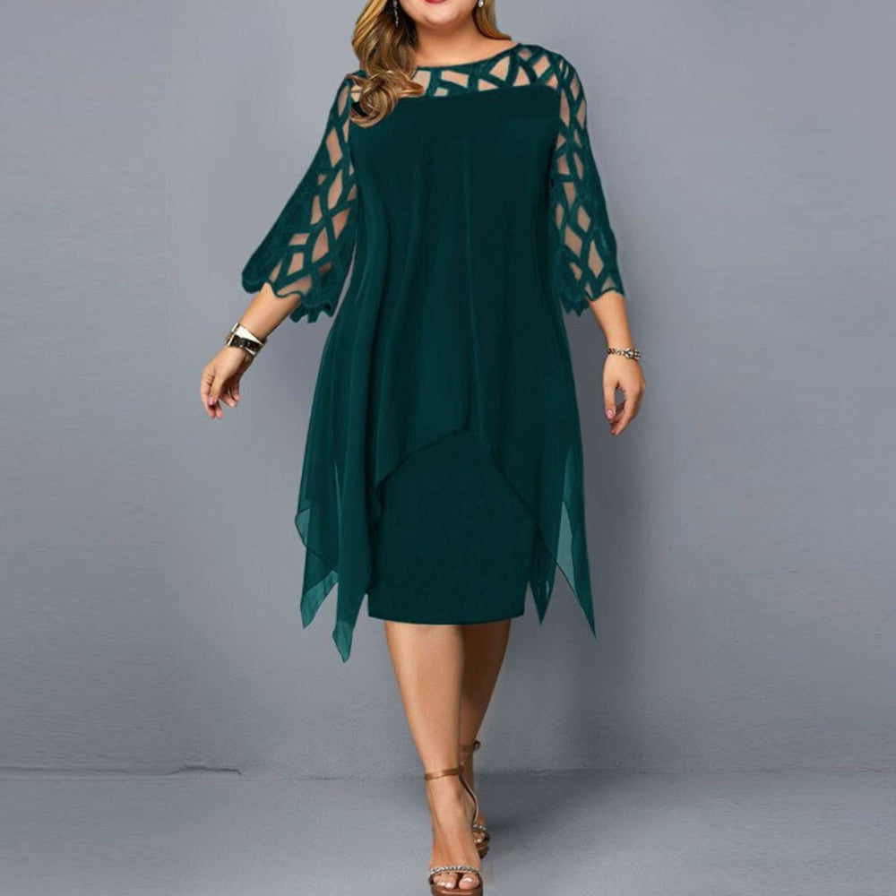 Vestidos Plus Size elegantes com manga comprida e malha de renda