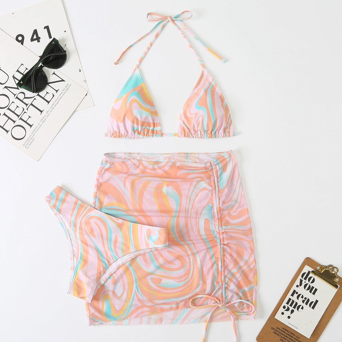 Three 3 Pieces Bikini Set With Skirt  Tie Dye String Thong Bathing