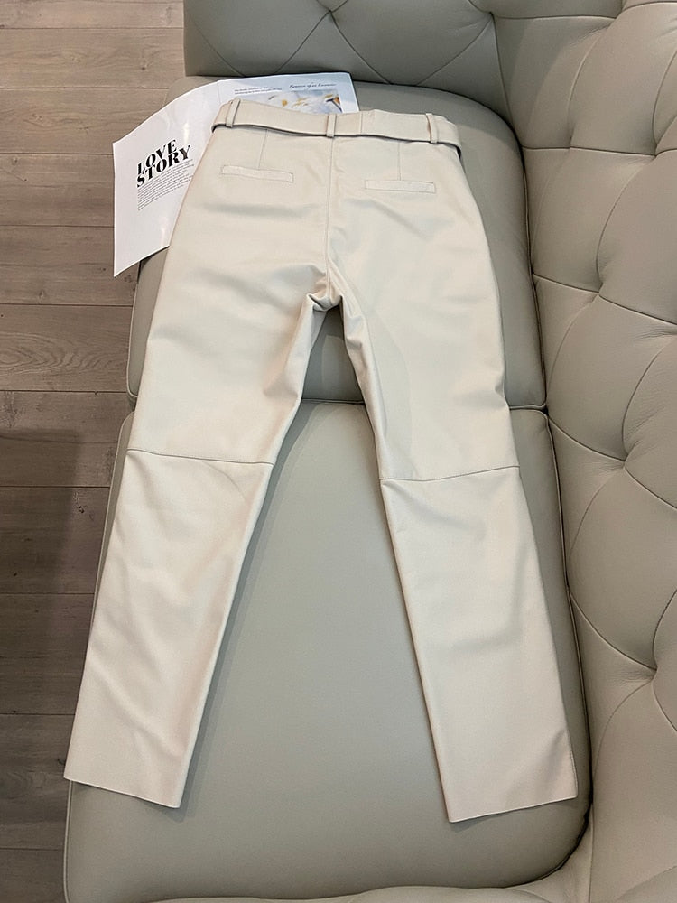 Leather Trousers in Korean Style and High Waist Pants - 100% Genuine Leather