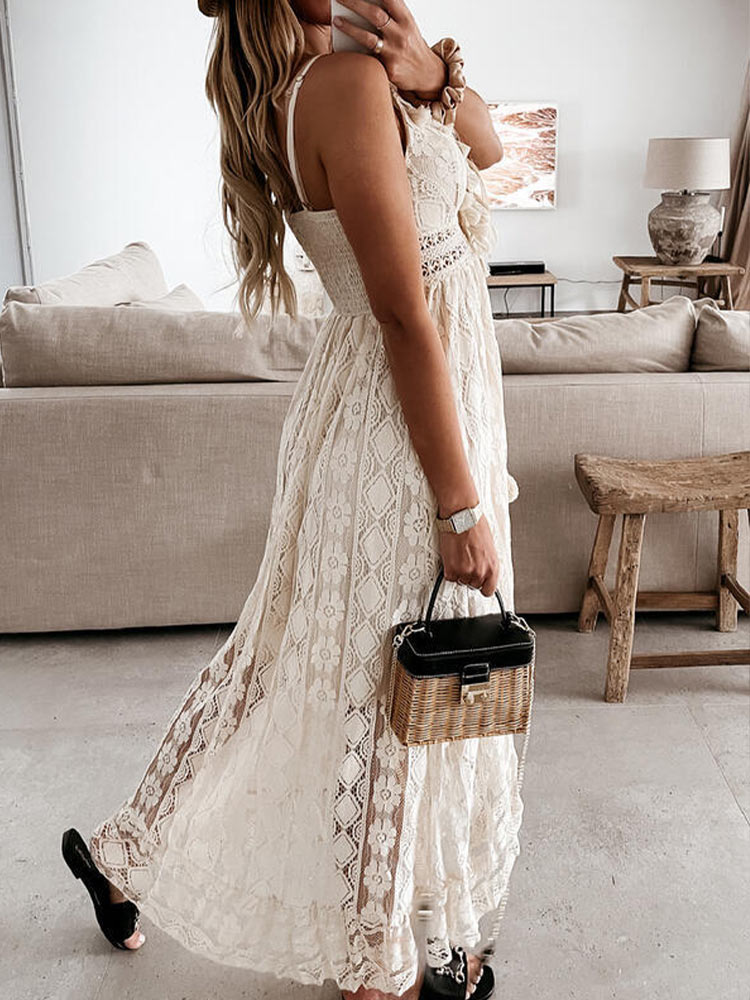 White Boho Dress with Off Shoulder a Lace and in V Neck Spaghetti Strap