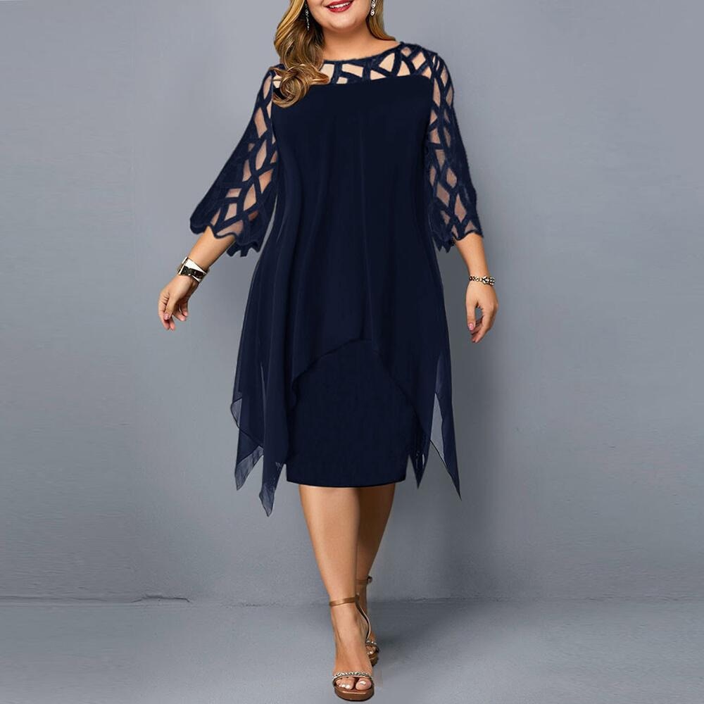 Vestidos Plus Size elegantes com manga comprida e malha de renda