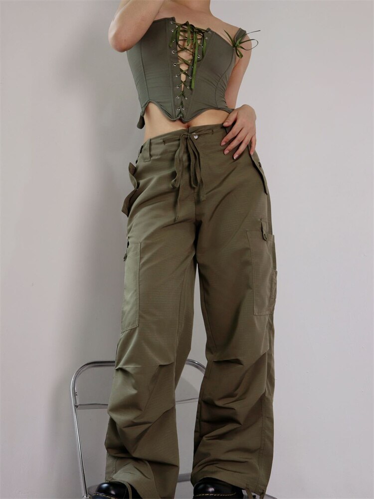 CHRONSTYLE Y2K Bottoms Women Low Waist Cargo Pants Aesthetic Drawstring Loose Causal with Pockets Jogger Trouser Streetwear 2022