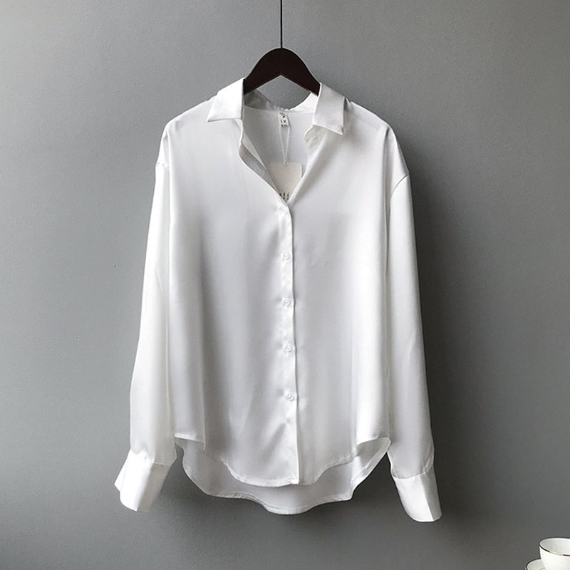 Autumn Fashion Button Up Satin Silk Shirt Vintage Blouse Women White Lady Long Sleeves Female Loose Street