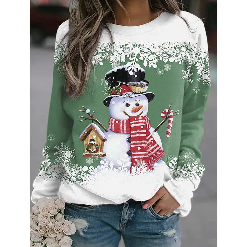 Autumn Winter T-shirt Christmas Printed Snowman Long Sleeve Loose Casual with Round Neck