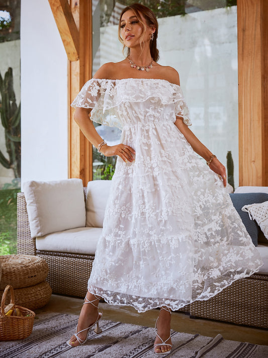 Elegant Dress Slash Neck Tulle and Off Shoulder for Summer and Spring