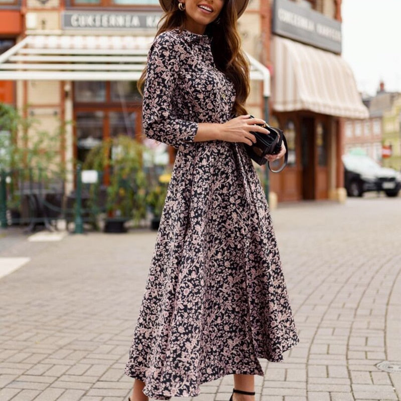 Spring Autumn Elegant Dress in V-Neck Polka Dot Print Three-Quarter Sleeve Lace-Up