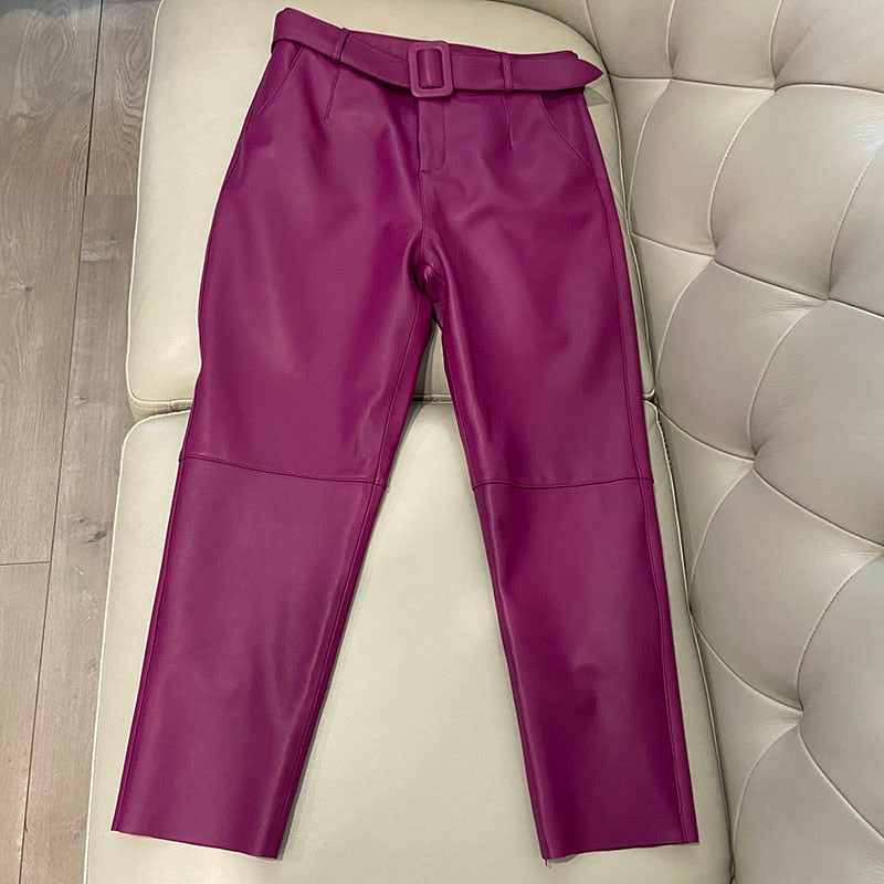 Leather Trousers in Korean Style and High Waist Pants - 100% Genuine Leather