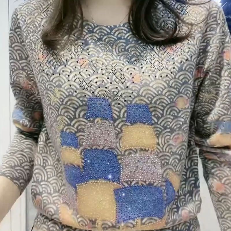 Autumn Winter O Neck with Printed Diamonds Sweater Loose Casual Pullover Top