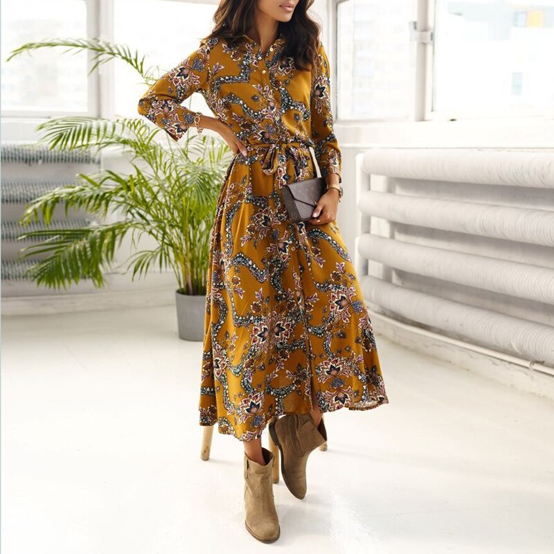 Spring Autumn Elegant Dress in V-Neck Polka Dot Print Three-Quarter Sleeve Lace-Up