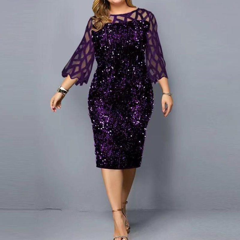 Vestido Feminino Plus Size Sexy Oco Linguados Renda Renda Lantejoula Moda Feminina Roupas Femininas Cor Sólida Vestidos de Festa Clube