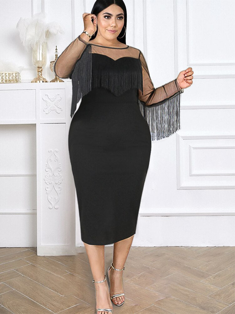 Elegant Plus Size Fringe Dress with Long Sleeve and Mesh Tassel