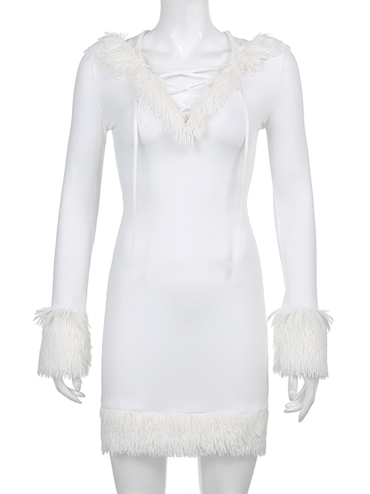 Furry White Bodycon Mini Dress with Long Sleeve and Hooded V Neck Skinny