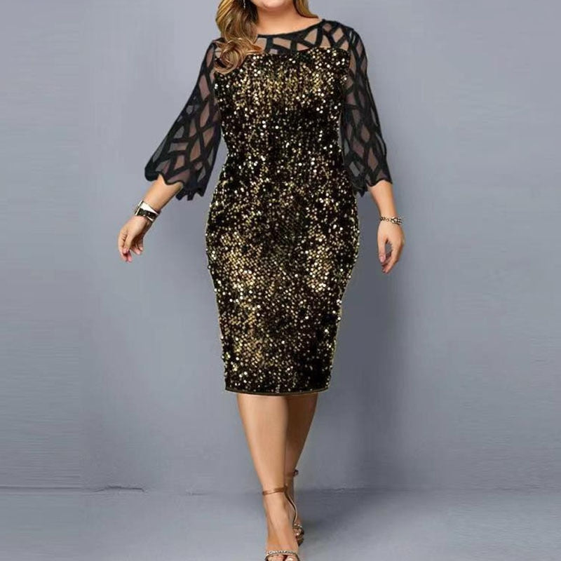 Vestido Feminino Plus Size Sexy Oco Linguados Renda Renda Lantejoula Moda Feminina Roupas Femininas Cor Sólida Vestidos de Festa Clube