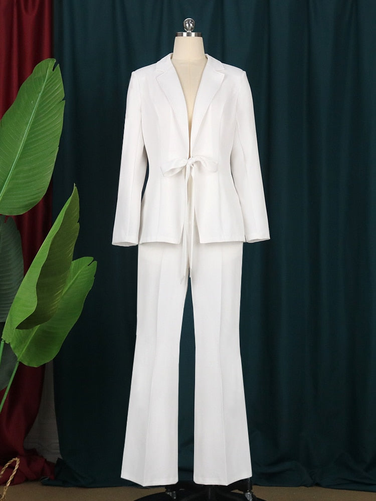 Blazer and Pants Suits in White or Black Colors with Sexy V Neck Long Wide Leg Trousers in Regular and Plus size