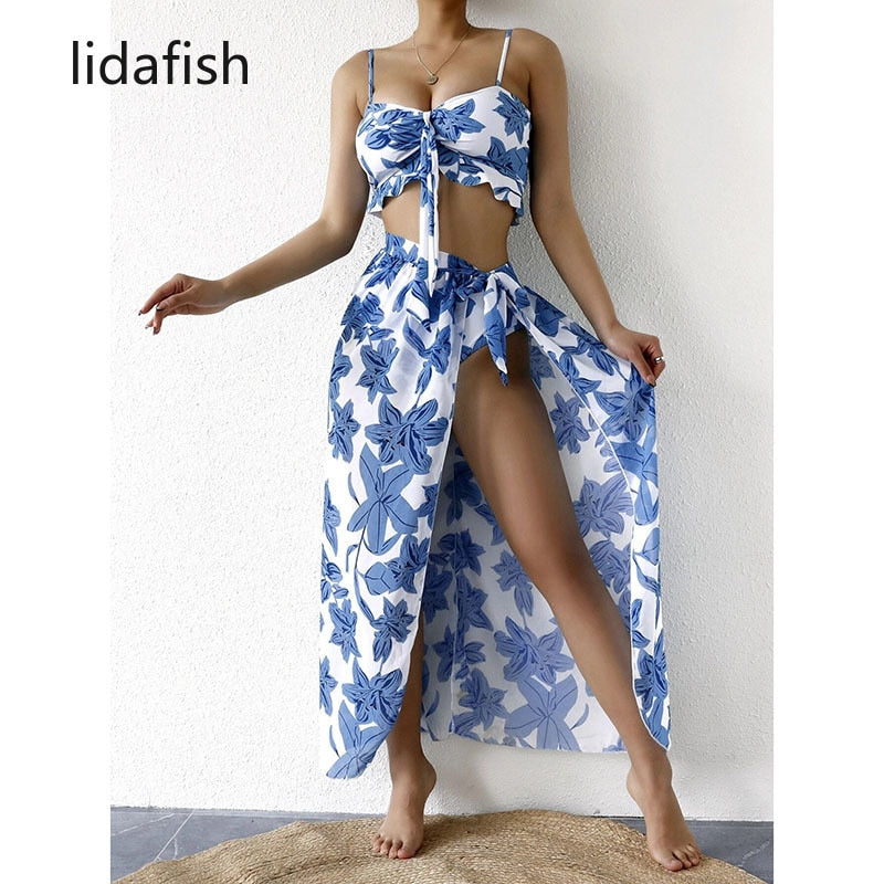 lidafish New Print 3 Pieces Set Swimsuit Women High Waist Swimwear Lace Up Bikini Set With Skirt Beachwear Bathing Suit