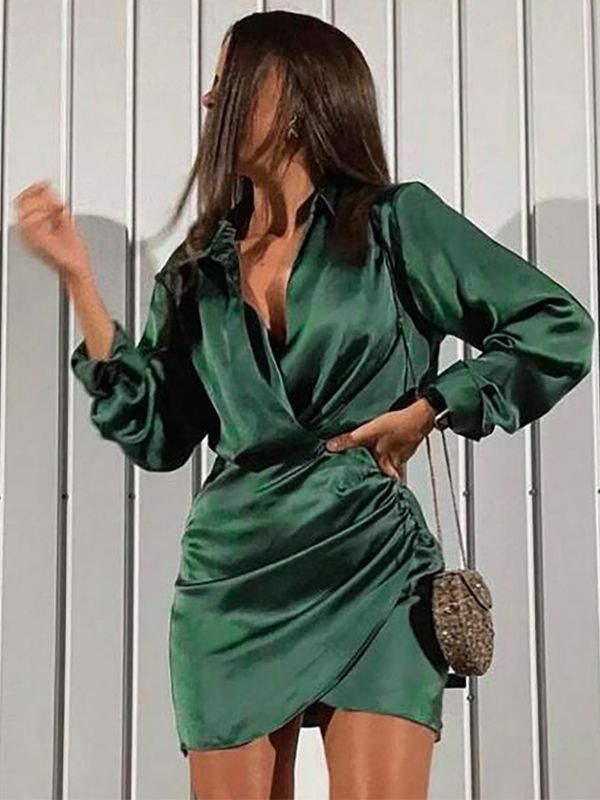 Solid Satin Dress wit Long Sleeve in V Neck Ruched Wrap Bodycon