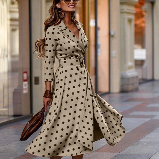 Spring Autumn Elegant Dress in V-Neck Polka Dot Print Three-Quarter Sleeve Lace-Up