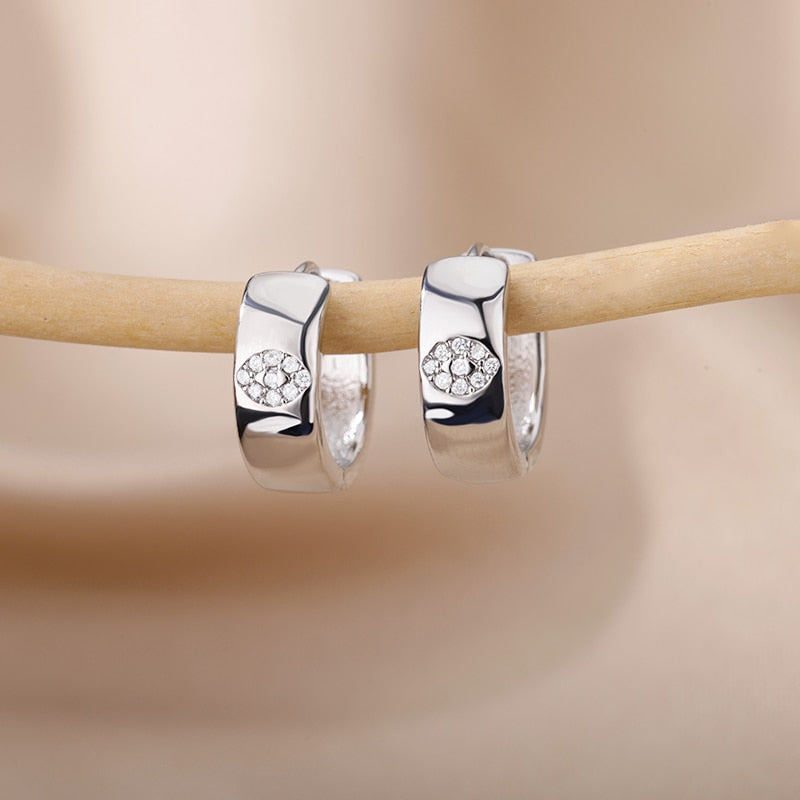 Gorgeous Heart Zircon Hoop Earrings in Stainless Steel Circle Huggie