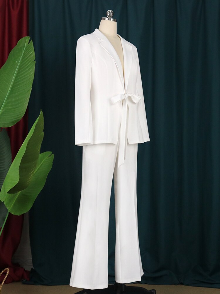 Blazer and Pants Suits in White or Black Colors with Sexy V Neck Long Wide Leg Trousers in Regular and Plus size