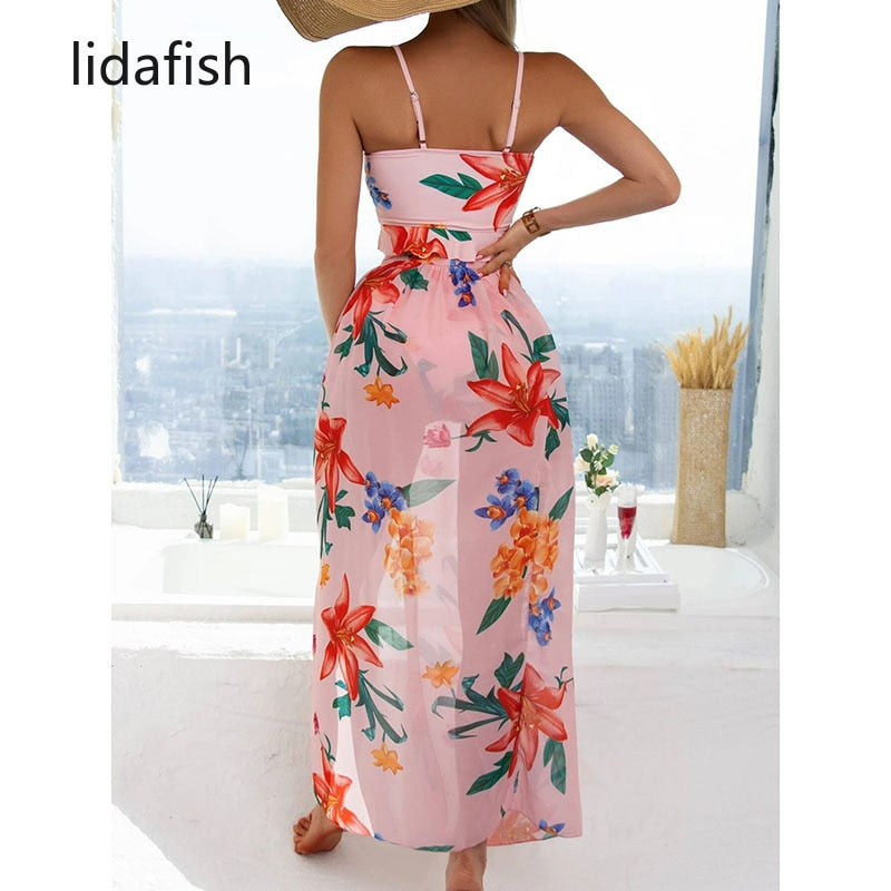 lidafish New Print 3 Pieces Set Swimsuit Women High Waist Swimwear Lace Up Bikini Set With Skirt Beachwear Bathing Suit