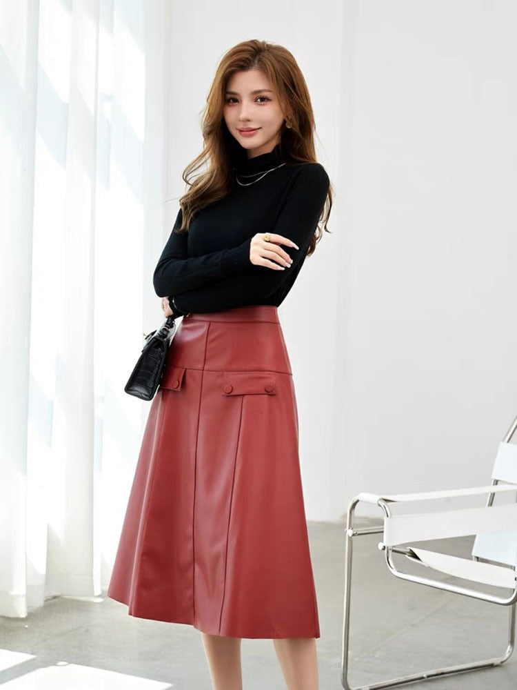 Long Leather Skirts with High Waisted - 100% Genuine Leather