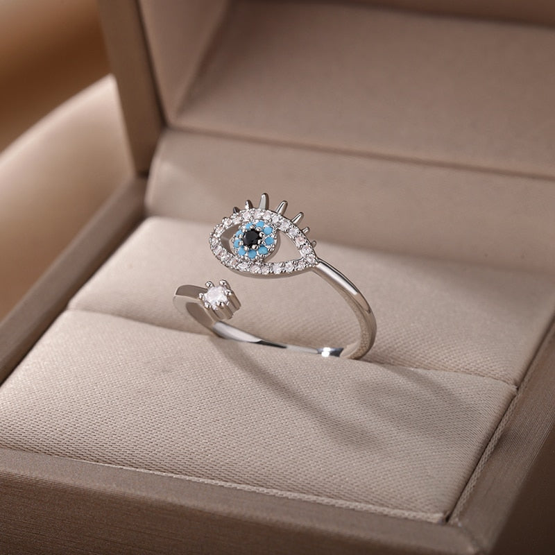 Evil Eye Rings With Blue Eye Stone Resizable or Adjustable Stainless Steel Ring