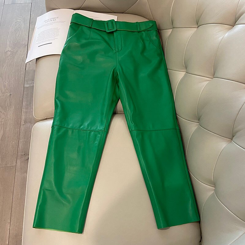 Leather Trousers in Korean Style and High Waist Pants - 100% Genuine Leather