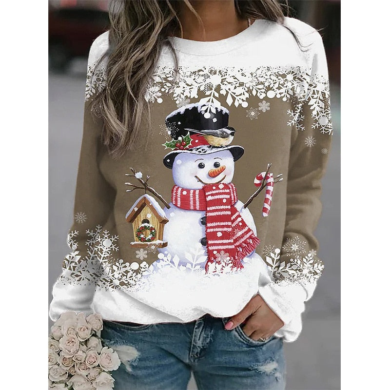 Autumn Winter T-shirt Christmas Printed Snowman Long Sleeve Loose Casual with Round Neck