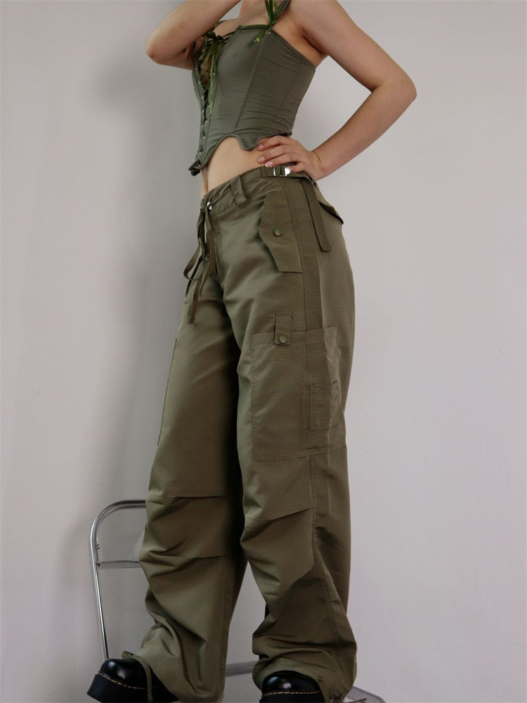 CHRONSTYLE Y2K Bottoms Women Low Waist Cargo Pants Aesthetic Drawstring Loose Causal with Pockets Jogger Trouser Streetwear 2022