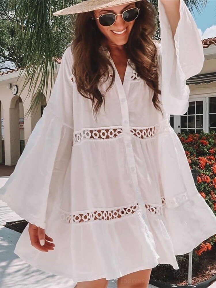 Women Swimsuit Cover Ups Mandarin Sleeve Kaftan Beach Tunic Dress Robe De Plage Solid White Pareo Beach Cover-ups