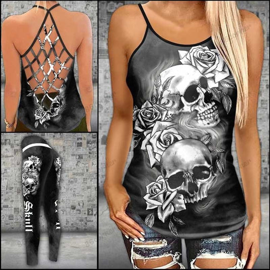 Women Fashion Skull Cloud Dark Gothic Criss-Cross Yoga Leggings + Combo Hollow Out Tank Top