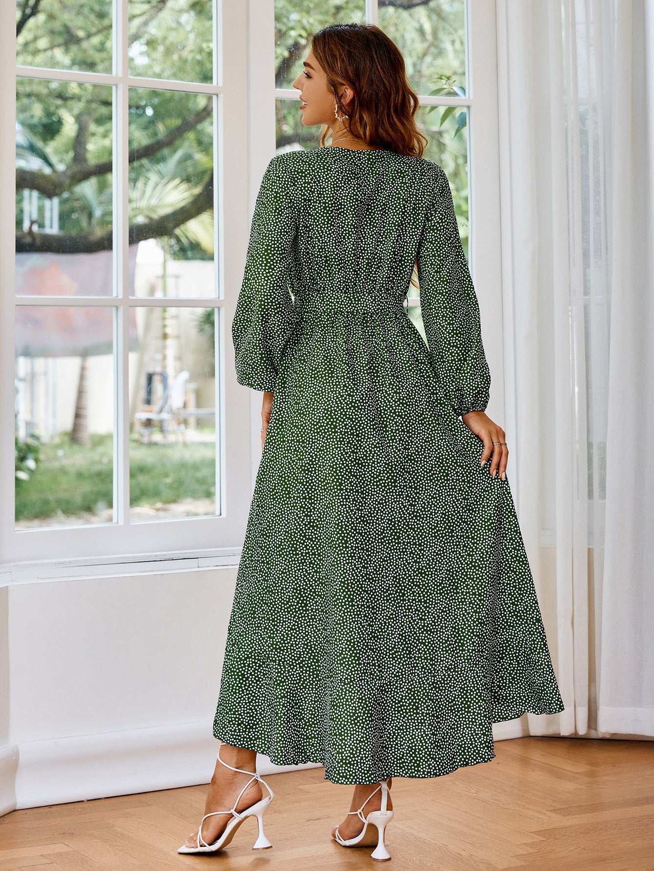 Simplee Casual polka dot print green women dress Summer disty floral v-neck wrap maxi dresses Elegant lace up ruffle vestido new