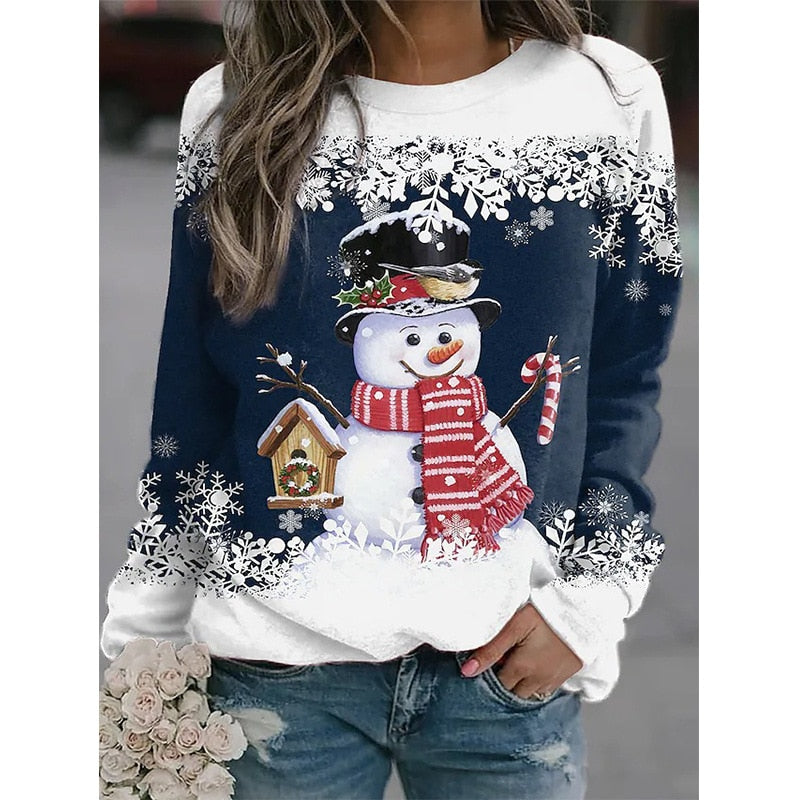 Autumn Winter T-shirt Christmas Printed Snowman Long Sleeve Loose Casual with Round Neck