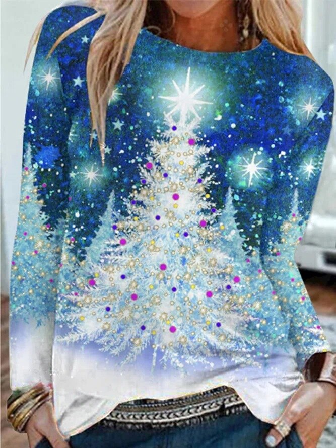 Autumn Winter Loose Casual Blouse with Round Neck and 3D Printing Christmas Long Sleeve T-shirt