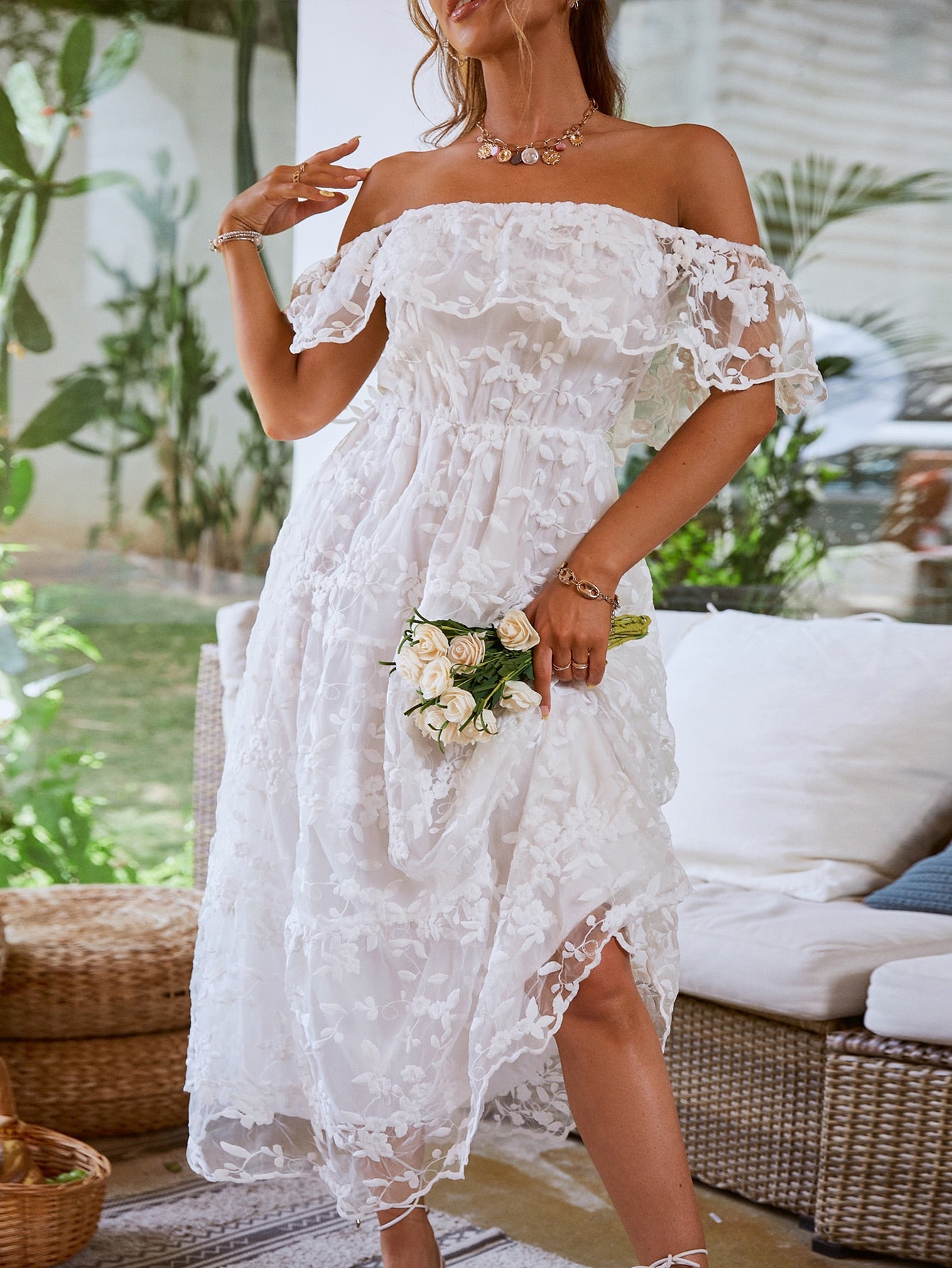 Elegant Dress Slash Neck Tulle and Off Shoulder for Summer and Spring