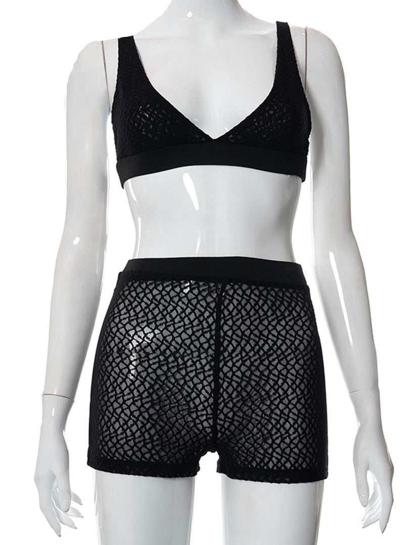 Mesh Two Piece Sets Bra Crop Top Biker Shorts Suit Sexy