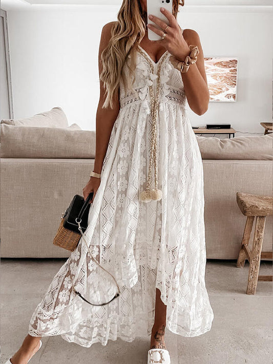 White Boho Dress with Off Shoulder a Lace and in V Neck Spaghetti Strap