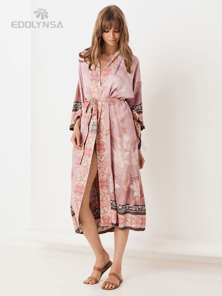 Bohemian Printed Bikini Cover-ups Elegant Self Belted Kimono Dress Tunic Women Plus Size Beach Wear Swim Suit Cover Up Q1228