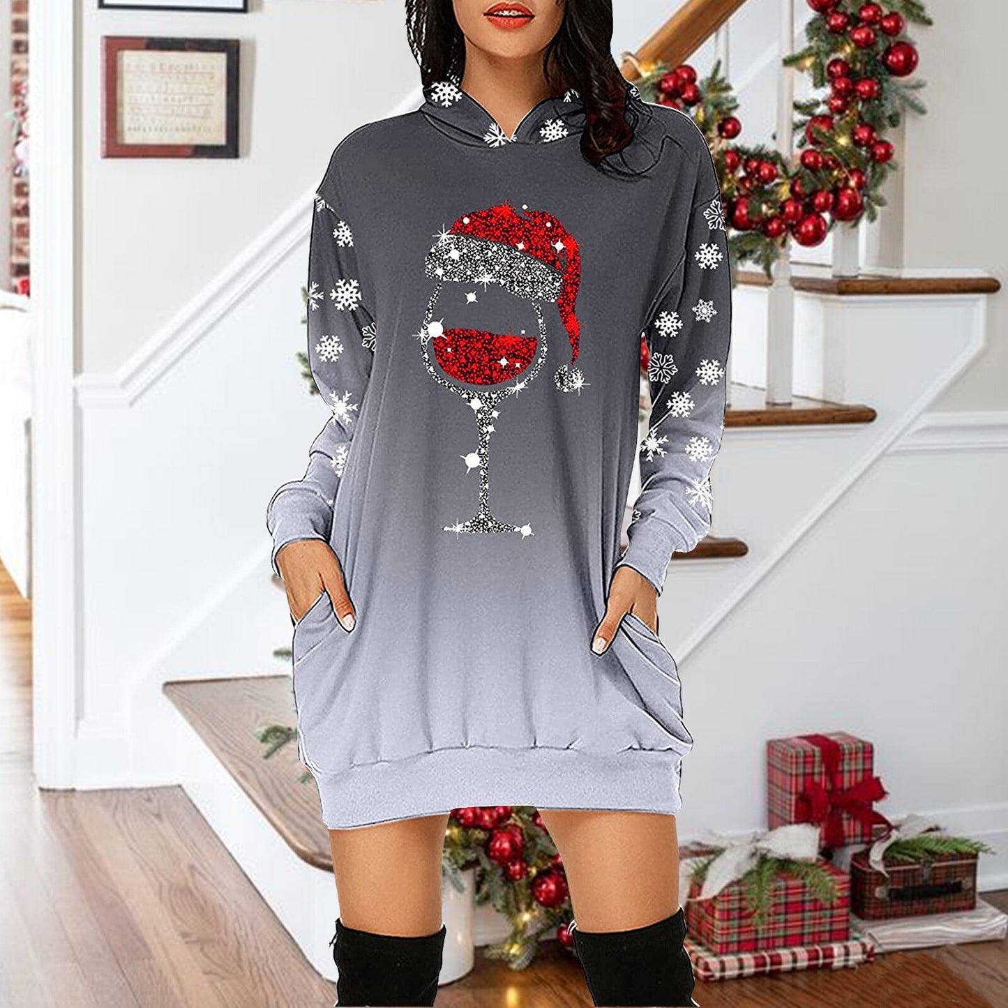 Christmas Autumn Winter Fashion Print Loose Long Sleeve Hoodie