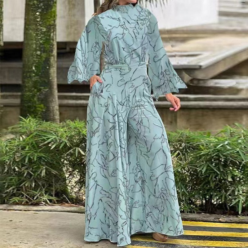 Jumpsuit Autumn Elegant Casual Long Sleeve Art Print Tie Nipped Waist Loose Wide Legs Pants Sets For Female