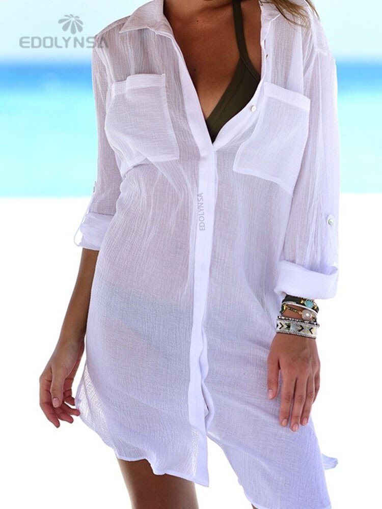 Women Swimsuit Cover Ups Mandarin Sleeve Kaftan Beach Tunic Dress Robe De Plage Solid White Pareo Beach Cover-ups